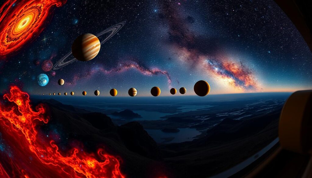 A vibrant panorama of recent planetary events, seen from an observatory perch. In the foreground, colorful celestial bodies - nebulae, star clusters, and swirling galaxies - fill the frame, their intricate details illuminated by warm, diffused lighting. The middle ground features planets in various stages of alignment, their orbits tracing elegant arcs across the cosmos. In the distant background, a hazy backdrop of the Milky Way galaxy stretches out, its shimmering stars and dust clouds forming a mesmerizing tapestry. The overall tone is one of awe and wonder, inviting the viewer to ponder the dynamic nature of our solar system and the vast, ever-changing universe beyond. A vibrant panorama of recent planetary events, seen from an observatory perch. In the foreground, colorful celestial bodies - nebulae, star clusters, and swirling galaxies - fill the frame, their intricate details illuminated by warm, diffused lighting. The middle ground features planets in various stages of alignment, their orbits tracing elegant arcs across the cosmos. In the distant background, a hazy backdrop of the Milky Way galaxy stretches out, its shimmering stars and dust clouds forming a mesmerizing tapestry. The overall tone is one of awe and wonder, inviting the viewer to ponder the dynamic nature of our solar system and the vast, ever-changing universe beyond.