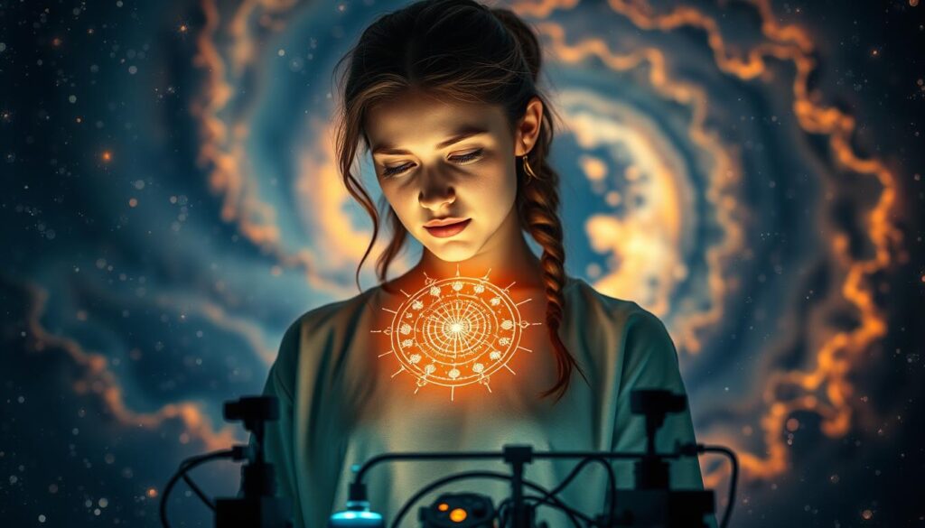 An analytical mind, deeply attuned to the intricate workings of the cosmos. A Virgo standing amidst a beautifully rendered celestial backdrop, their gaze fixed intently on a glowing holographic display, analyzing the patterns and rhythms of the stars. Soft, warm lighting illuminates their focused expression, while the middle ground features sleek, minimalist scientific instruments and a hint of a cozy, technology-infused workspace. The background dissolves into a swirling nebula, hinting at the vastness of the universe and the Virgo's insatiable thirst for understanding its secrets. An analytical mind, deeply attuned to the intricate workings of the cosmos. A Virgo standing amidst a beautifully rendered celestial backdrop, their gaze fixed intently on a glowing holographic display, analyzing the patterns and rhythms of the stars. Soft, warm lighting illuminates their focused expression, while the middle ground features sleek, minimalist scientific instruments and a hint of a cozy, technology-infused workspace. The background dissolves into a swirling nebula, hinting at the vastness of the universe and the Virgo's insatiable thirst for understanding its secrets.