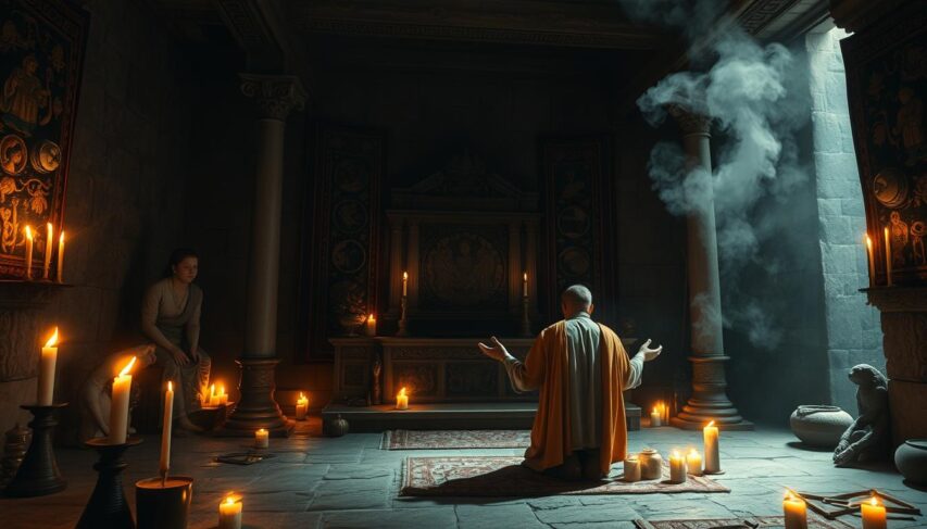 An ancient ritual unfolds in a dimly lit ancestral chamber, the air thick with the scent of incense and the weight of generations past. A figure, draped in flowing robes, kneels before a carved altar, hands outstretched in reverence. Flickering candlelight casts an ethereal glow, illuminating intricate tapestries and weathered stone walls. Celestial symbols and celestial bodies adorn the scene, connecting the earthly and the divine. The atmosphere is one of deep contemplation, a bridge between the present and the timeless traditions of the ancestors. An ancient ritual unfolds in a dimly lit ancestral chamber, the air thick with the scent of incense and the weight of generations past. A figure, draped in flowing robes, kneels before a carved altar, hands outstretched in reverence. Flickering candlelight casts an ethereal glow, illuminating intricate tapestries and weathered stone walls. Celestial symbols and celestial bodies adorn the scene, connecting the earthly and the divine. The atmosphere is one of deep contemplation, a bridge between the present and the timeless traditions of the ancestors.