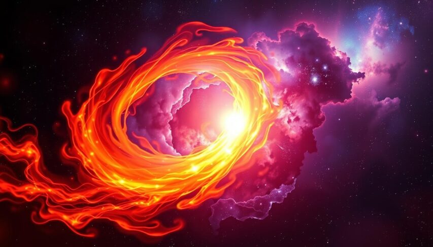 An ethereal, fiery vortex of cosmic energy swirls against a celestial backdrop, representing the astrological An ethereal, fiery vortex of cosmic energy swirls against a celestial backdrop, representing the astrological