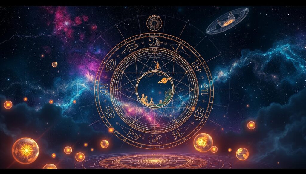 Cosmic astral map featuring the celestial sphere, signs of the zodiac, and ethereal nebulae. A majestic night sky with glimmering stars and swirling galaxies in the background. Vibrant planetary orbs hover in the foreground, casting a warm glow. Intricate astrological symbols and iconography adorn the middle ground, creating a mystical, otherworldly atmosphere. Moody, dramatic lighting illuminates the scene, capturing the esoteric essence of the astrological universe. Highly detailed, photorealistic, cinematic composition. Cosmic astral map featuring the celestial sphere, signs of the zodiac, and ethereal nebulae. A majestic night sky with glimmering stars and swirling galaxies in the background. Vibrant planetary orbs hover in the foreground, casting a warm glow. Intricate astrological symbols and iconography adorn the middle ground, creating a mystical, otherworldly atmosphere. Moody, dramatic lighting illuminates the scene, capturing the esoteric essence of the astrological universe. Highly detailed, photorealistic, cinematic composition.