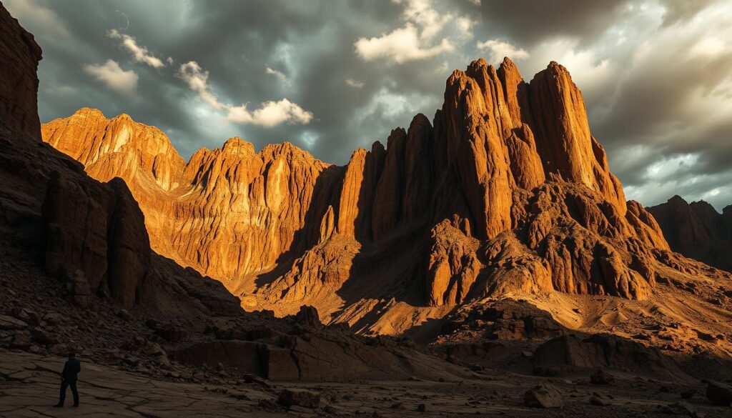 Dramatic landscape of the earth element, with rocky formations and cracked earth textures in shades of brown, ochre, and grey. Towering cliffs and craggy outcrops dominate the foreground, casting long shadows under a dramatic, moody lighting. Wispy clouds drift across a stormy sky, hinting at the power and resilience of this primal element. The scene conveys a sense of rugged, timeless solidity, reflecting the steadfast, grounded nature of Capricorn. Detailed, cinematic composition with a wide, cinematic aspect ratio to showcase the grandeur of the earth element. Dramatic landscape of the earth element, with rocky formations and cracked earth textures in shades of brown, ochre, and grey. Towering cliffs and craggy outcrops dominate the foreground, casting long shadows under a dramatic, moody lighting. Wispy clouds drift across a stormy sky, hinting at the power and resilience of this primal element. The scene conveys a sense of rugged, timeless solidity, reflecting the steadfast, grounded nature of Capricorn. Detailed, cinematic composition with a wide, cinematic aspect ratio to showcase the grandeur of the earth element.