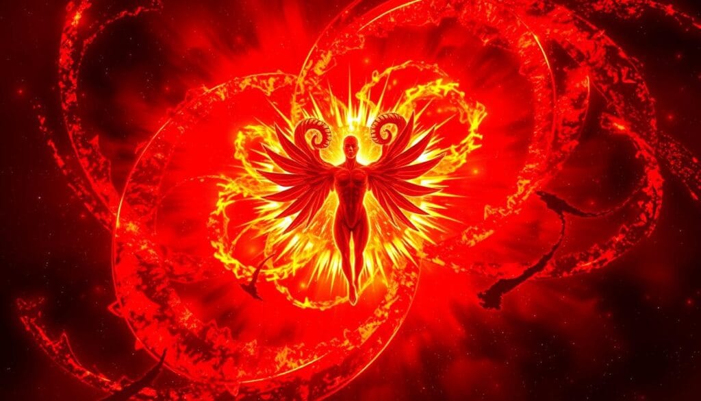 Energia de Áries: A vibrant supernova bursting with fiery celestial energy, awash in bold crimson hues and a spiraling vortex of golden rays. Dramatic lighting casts dynamic shadows, highlighting the passionate and determined aura of the Aries sign. A bold, angular composition with sharp, dynamic lines conveying the assertive, pioneering spirit of this zodiac symbol. The central figure, a powerful, ethereal humanoid form, radiates an intense, unwavering presence amidst a swirling cosmic backdrop of stars, nebulae, and otherworldly phenomena. Energia de Áries: A vibrant supernova bursting with fiery celestial energy, awash in bold crimson hues and a spiraling vortex of golden rays. Dramatic lighting casts dynamic shadows, highlighting the passionate and determined aura of the Aries sign. A bold, angular composition with sharp, dynamic lines conveying the assertive, pioneering spirit of this zodiac symbol. The central figure, a powerful, ethereal humanoid form, radiates an intense, unwavering presence amidst a swirling cosmic backdrop of stars, nebulae, and otherworldly phenomena.