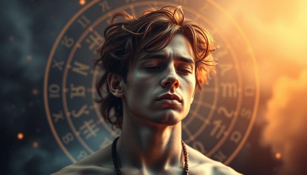 Imagem de uma pessoa do signo de Escorpião em um momento de reflexão, com elementos astrológicos ao fundo. Imagem de uma pessoa do signo de Escorpião em um momento de reflexão, com elementos astrológicos ao fundo.