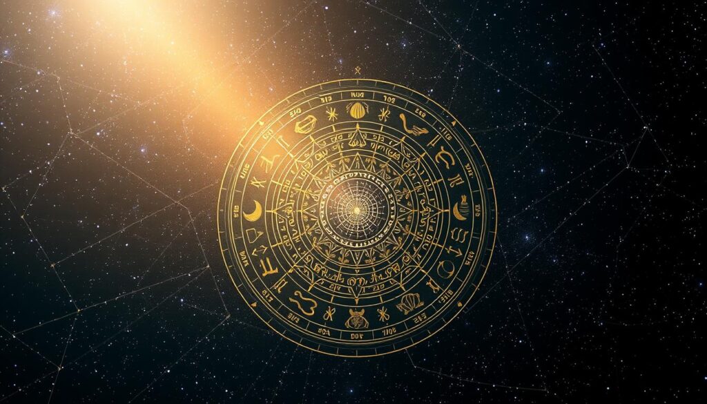 Intricate astrological symbols float against a deep, starry cosmos. A celestial mandala of zodiac signs, planets, and cosmic motifs form the central focus, exuding an air of mystery and ancient wisdom. Shimmering rays of light emanate from the center, creating an ethereal, almost mystical atmosphere. The composition is balanced, with a sense of harmony and interconnectedness between the various astrological elements. The overall mood is one of contemplation, spirituality, and a reverence for the mysteries of the universe. Intricate astrological symbols float against a deep, starry cosmos. A celestial mandala of zodiac signs, planets, and cosmic motifs form the central focus, exuding an air of mystery and ancient wisdom. Shimmering rays of light emanate from the center, creating an ethereal, almost mystical atmosphere. The composition is balanced, with a sense of harmony and interconnectedness between the various astrological elements. The overall mood is one of contemplation, spirituality, and a reverence for the mysteries of the universe.