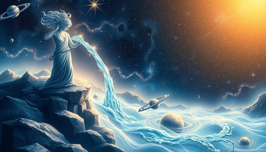 Stunning astrological illustration depicting the Aquarius ascendant. A serene yet dynamic cosmic landscape unfolds, with a flowing river of stars and nebulae swirling across the frame. In the foreground, the symbolic figure of Aquarius pours celestial waters from an ornate urn, representing the flow of intuition and creative expression. Soft lighting imbues the scene with an ethereal, dreamlike quality, while the midground features intricate planetary motifs and celestial bodies shimmering in the ethereal glow. The background showcases a vast, starry expanse, hinting at the boundless mysteries of the universe. An image that captures the visionary, humanitarian essence of the Aquarian ascendant. Stunning astrological illustration depicting the Aquarius ascendant. A serene yet dynamic cosmic landscape unfolds, with a flowing river of stars and nebulae swirling across the frame. In the foreground, the symbolic figure of Aquarius pours celestial waters from an ornate urn, representing the flow of intuition and creative expression. Soft lighting imbues the scene with an ethereal, dreamlike quality, while the midground features intricate planetary motifs and celestial bodies shimmering in the ethereal glow. The background showcases a vast, starry expanse, hinting at the boundless mysteries of the universe. An image that captures the visionary, humanitarian essence of the Aquarian ascendant.