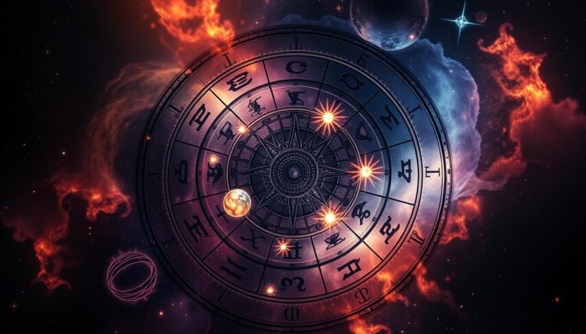 Zodiac wheel against a cosmic backdrop, with radiant sun cycles orbiting celestial patterns. Detailed, intricate astrological symbols and glowing planetary orbs float amidst a swirling nebula of vibrant hues. Soft, atmospheric lighting illuminates the mystical, ethereal scene, capturing the interconnectedness of the zodiac and solar cycles. Dramatic, cinematic composition with a sense of depth and dimensionality, reflecting the profound cosmic significance conveyed in the section Zodiac wheel against a cosmic backdrop, with radiant sun cycles orbiting celestial patterns. Detailed, intricate astrological symbols and glowing planetary orbs float amidst a swirling nebula of vibrant hues. Soft, atmospheric lighting illuminates the mystical, ethereal scene, capturing the interconnectedness of the zodiac and solar cycles. Dramatic, cinematic composition with a sense of depth and dimensionality, reflecting the profound cosmic significance conveyed in the section