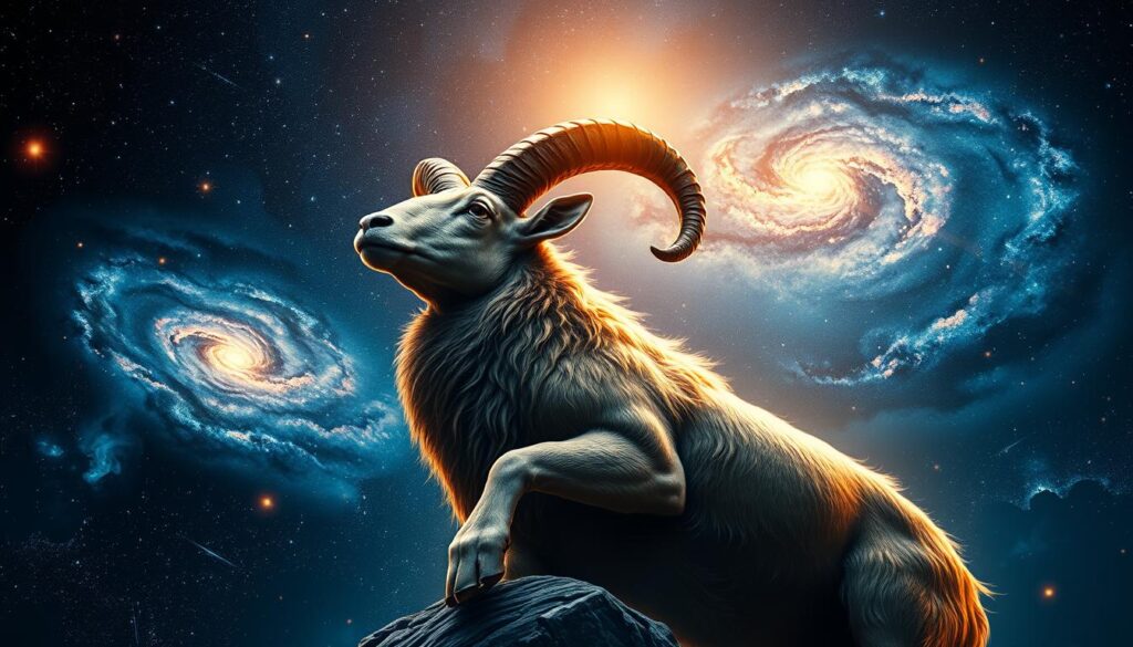 a detailed scene of a majestic, ascending ram against a starry night sky, with cosmic energy and celestial elements surrounding it. The ram appears powerful and confident, its horns reaching upwards towards the heavens. The background is filled with swirling galaxies, nebulae, and celestial bodies that complement the ram's dynamism. The lighting is dramatic, with a warm glow illuminating the ram's form and a cool, ethereal light emanating from the cosmic backdrop. The composition is balanced, with the ram occupying the central focus while the celestial elements provide a sense of depth and grandeur. The overall atmosphere is one of mystic wonder and spiritual ascension. a detailed scene of a majestic, ascending ram against a starry night sky, with cosmic energy and celestial elements surrounding it. The ram appears powerful and confident, its horns reaching upwards towards the heavens. The background is filled with swirling galaxies, nebulae, and celestial bodies that complement the ram's dynamism. The lighting is dramatic, with a warm glow illuminating the ram's form and a cool, ethereal light emanating from the cosmic backdrop. The composition is balanced, with the ram occupying the central focus while the celestial elements provide a sense of depth and grandeur. The overall atmosphere is one of mystic wonder and spiritual ascension.