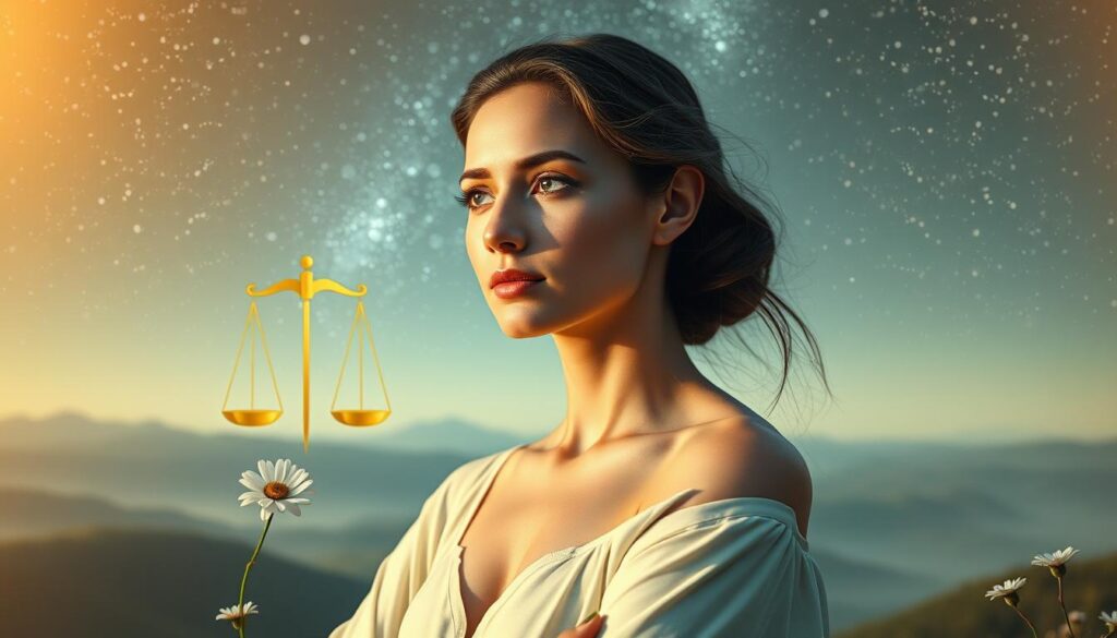 a serene and contemplative scene of a person with the traits of the Libra zodiac sign, surrounded by a harmonious balance of elements that represent their personality. In the foreground, the figure is posed gracefully, exuding a sense of poise and elegance. Their facial features and expression convey a calm, diplomatic demeanor. The middle ground features symbols and motifs associated with Libra, such as scales, flowers, and gentle curves, all bathed in a warm, golden light. In the background, a dreamy, ethereal landscape unfolds, depicting a starry night sky or a tranquil, natural setting that evokes a sense of balance, beauty, and serenity. a serene and contemplative scene of a person with the traits of the Libra zodiac sign, surrounded by a harmonious balance of elements that represent their personality. In the foreground, the figure is posed gracefully, exuding a sense of poise and elegance. Their facial features and expression convey a calm, diplomatic demeanor. The middle ground features symbols and motifs associated with Libra, such as scales, flowers, and gentle curves, all bathed in a warm, golden light. In the background, a dreamy, ethereal landscape unfolds, depicting a starry night sky or a tranquil, natural setting that evokes a sense of balance, beauty, and serenity.